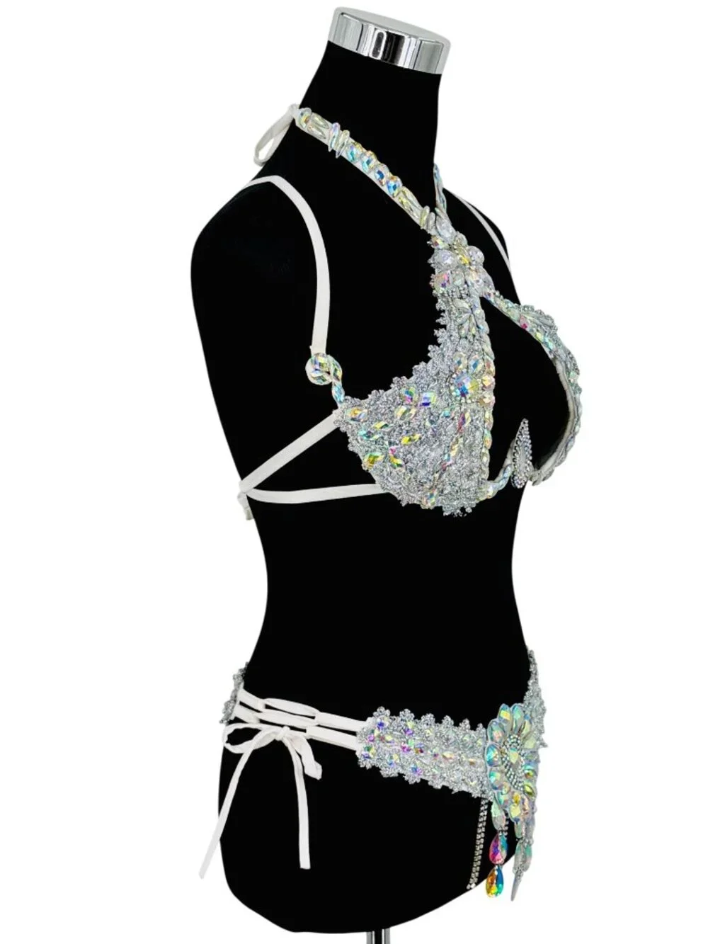 Silver Crystal Rhinestone Bra & Belt Set | Samba Coachella Rave Festival Dancer - Picture 9 of 13
